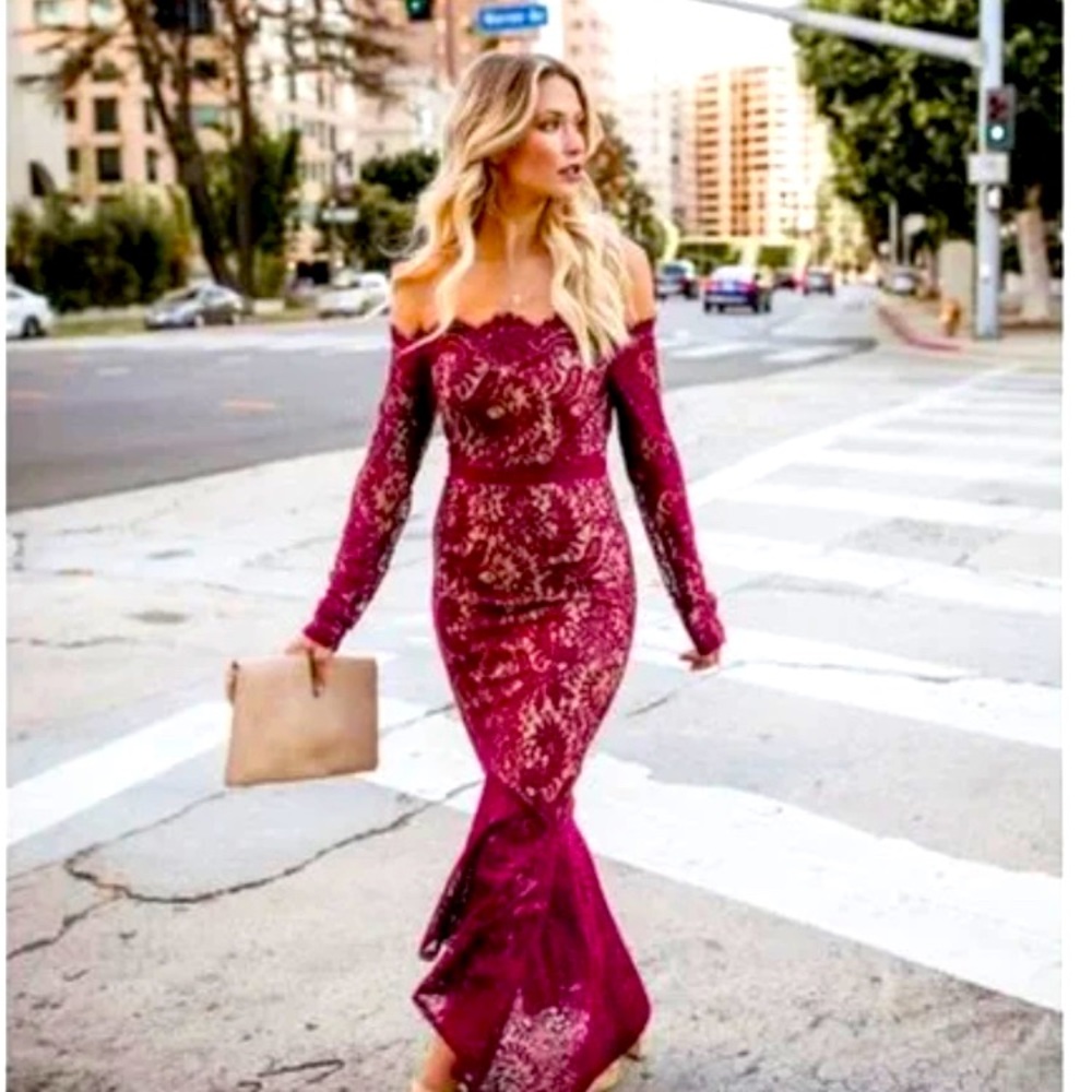 Vici maroon lace dress with mermaid tail removed.